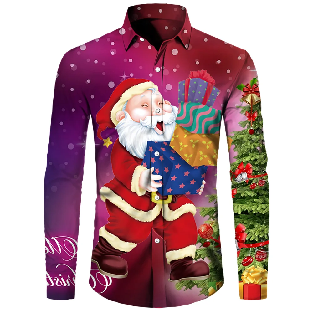 2023 Christmas Party Shirt Christmas Tree Pattern 3D Printing Men's Polo Long Sleeve Shirt Comfortable Soft Material Gift S-6XL christmas theme 3d printing christmas snowman butterfly owl fox pattern flight jacket sportswear winter thick casual