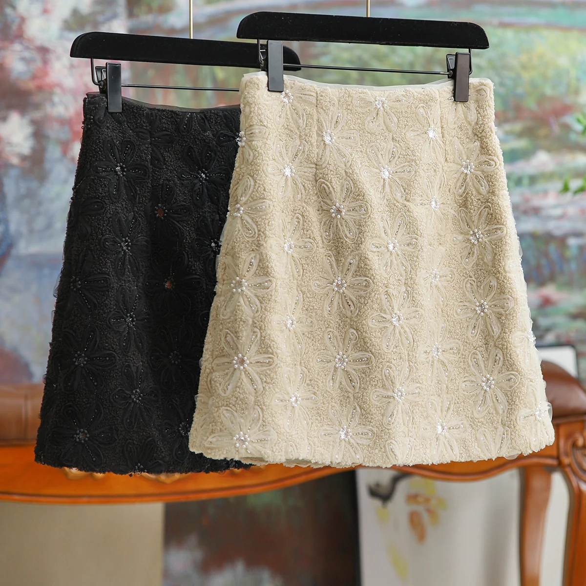 

White with Beaded Curly Hair A-line Bustier Skirt Short Skirt Fall Sexy Temperament Short Skirt Commuting Versatile Fashion