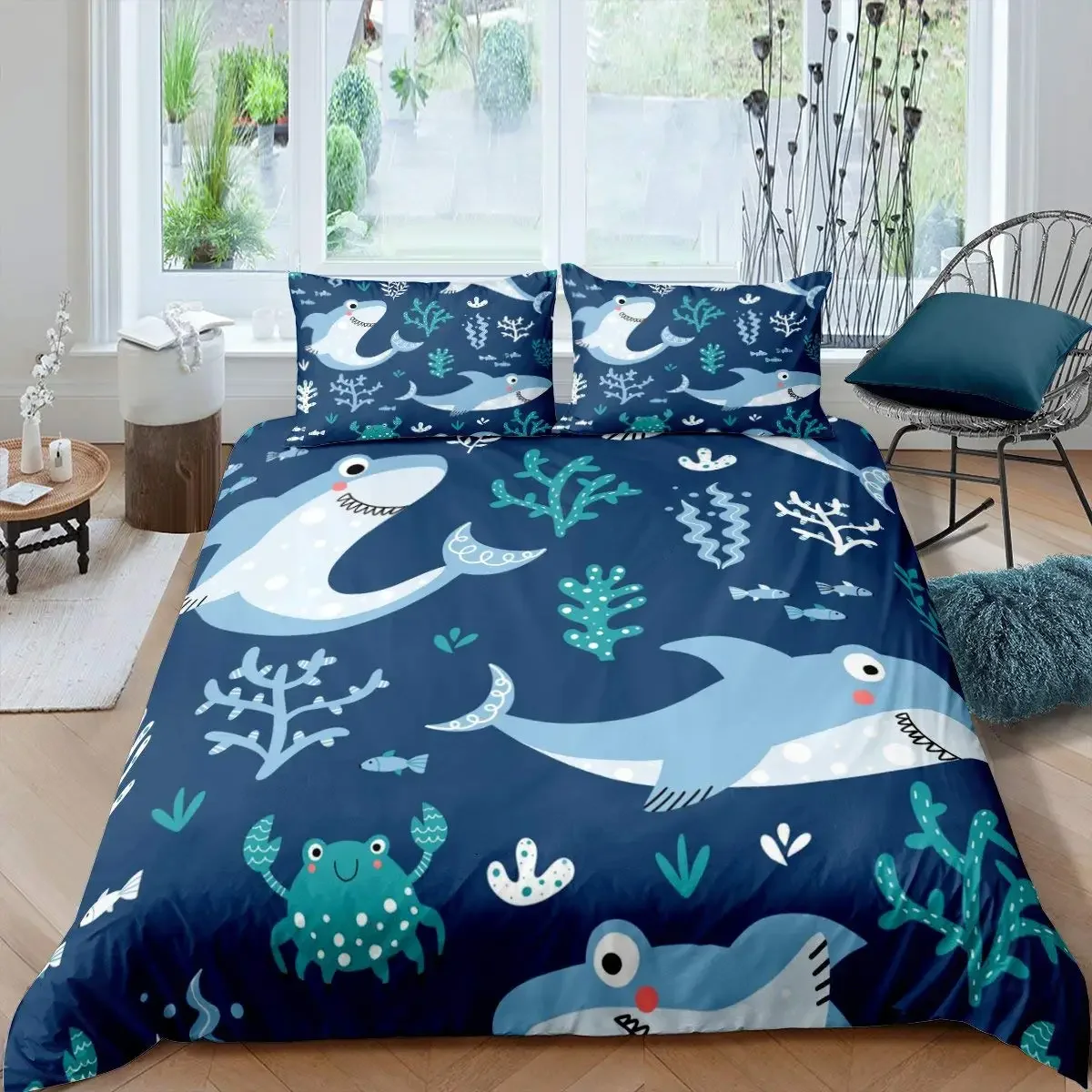 Blue and White Cartoon Shark Fish Print Kids Duvet Cover Boys Girls Luxury Room Decoration for Children Teens Gift Queen Size 3