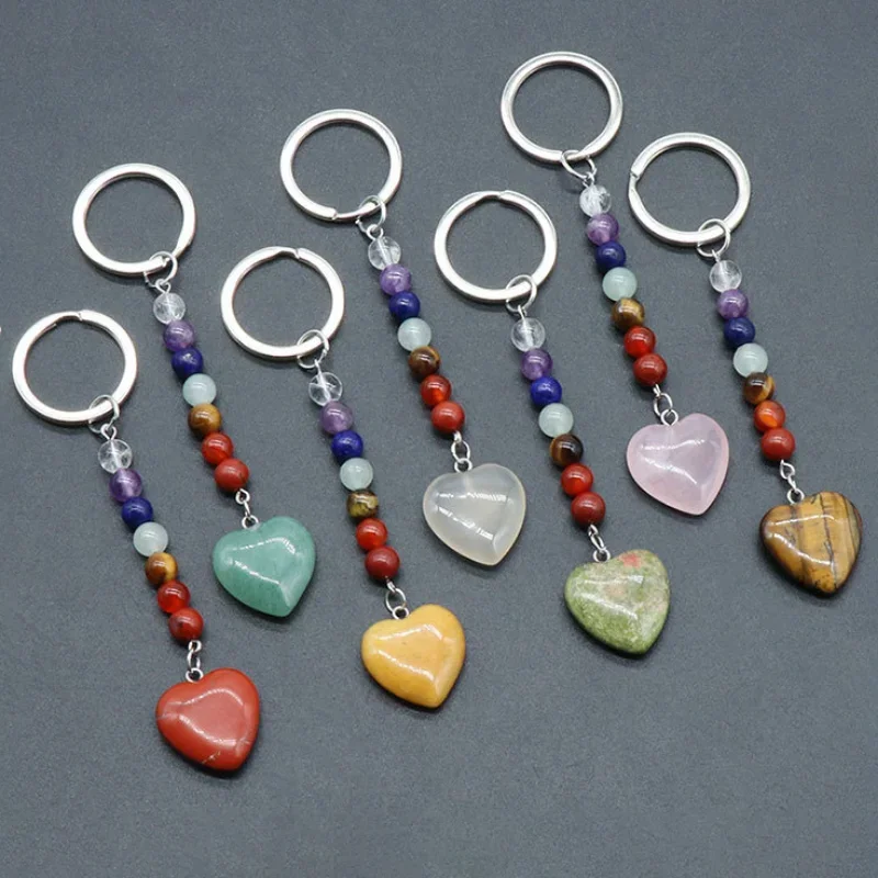 12pcsLoveHeartStoneKeyRings7ColorsChakraBeadsChainsCharms