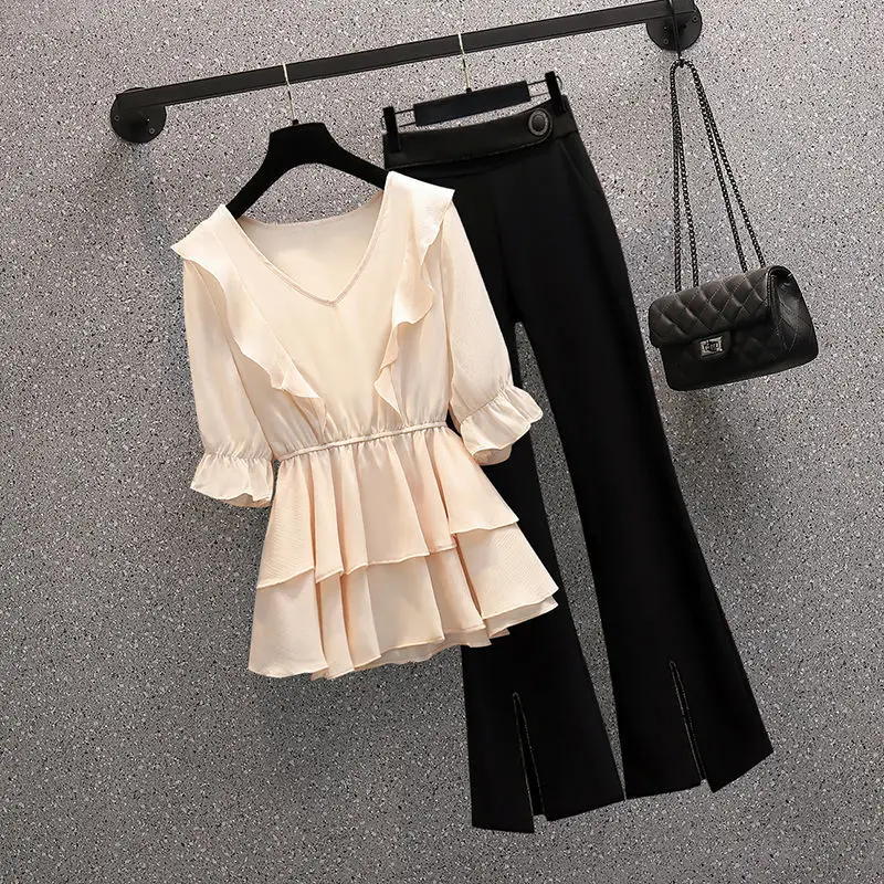 

New Summer Ruffle Pleated Chiffon Shirt Top Black Casual Wide Leg Pants Two Piece Elegant Women's Pants Set Female Sports Suit