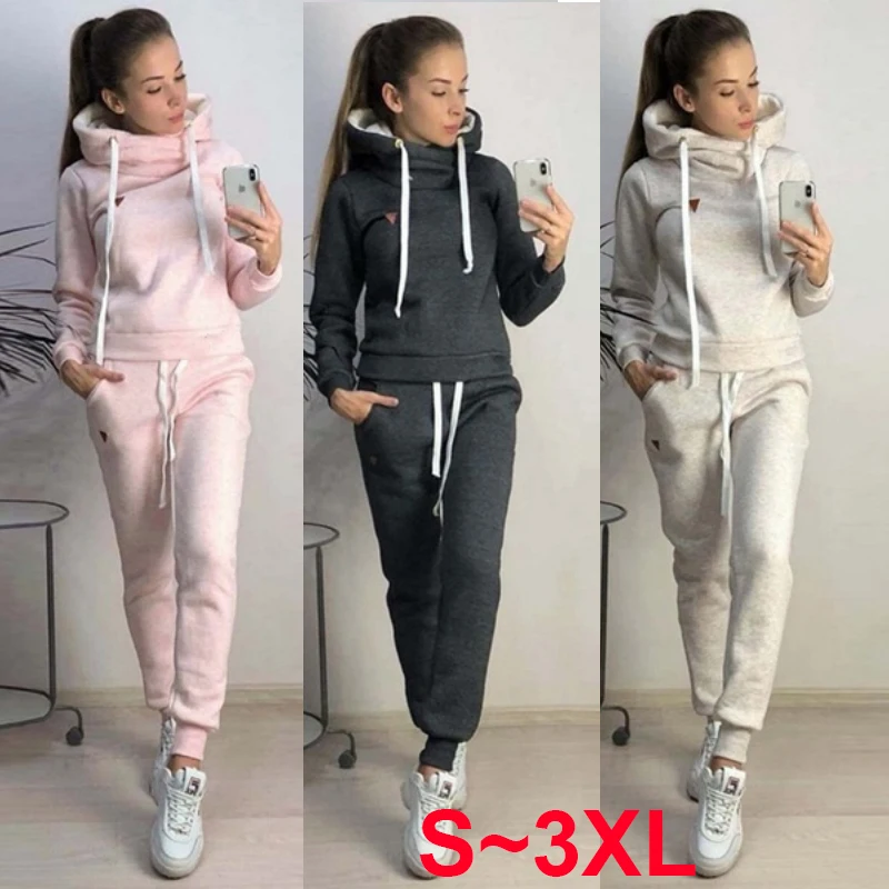 New Women's Solid Color High Collar Plush Hoodie Sportswear Jogging Set Thickened Hoodie and Pants Casual Sports Set