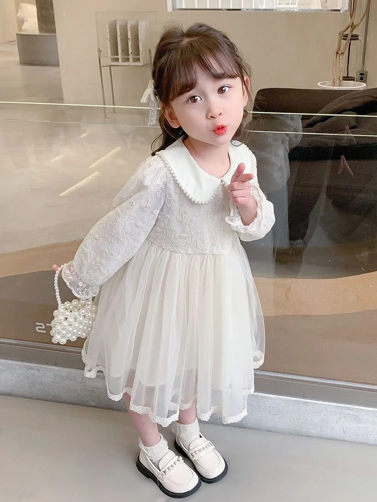 

Girls Long-sleeved Dresses Children's Clothing Spring And Autumn Girls Temperament Baby Lace Princess White Dress For 2-8 Years