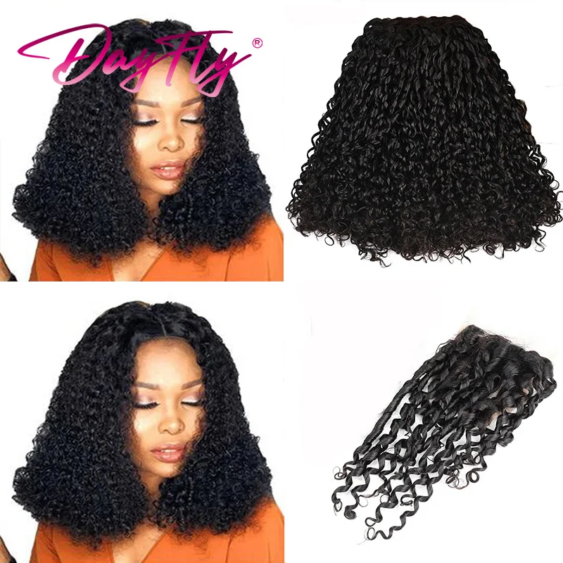 Brazilian Double Drawn Hair Weave Pixie Curls Bundles with Closure Pixie Curly Human Hair 3 Bundle With 4x4 Lace Closure 300g
