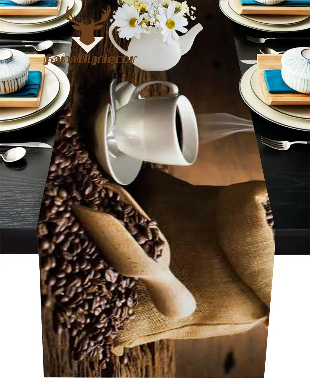 

Coffee Cup Coffee Beans Table Runner Home Wedding Table Flag Mat Table Centerpieces Decoration Party Dining Long Tablecloth