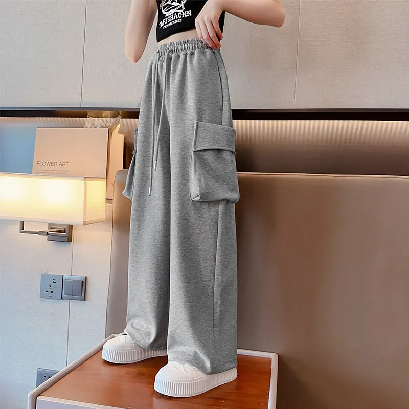 Children Girls Cool Grey Cargo Pants 2023 Summer Cotton High Waist Straight  Big-Pocket Sport Sweatpants 5-14Years Kids Trousers