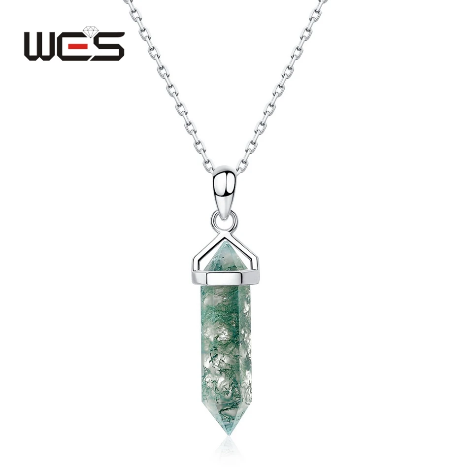 WES 925 Sterling Silver Bullet Shaped Pendant Necklace for Woman Natural Stone Moss Agate Hexagonal Prism Party Gifts