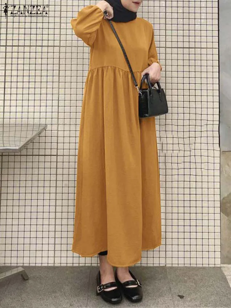 

2023 ZANZEA Women Autumn Sundress Robe Femme Muslim Islamic Clothing Eid Mubarek Dresses Fashion O Neck Long Sleeve Kaftan Dress