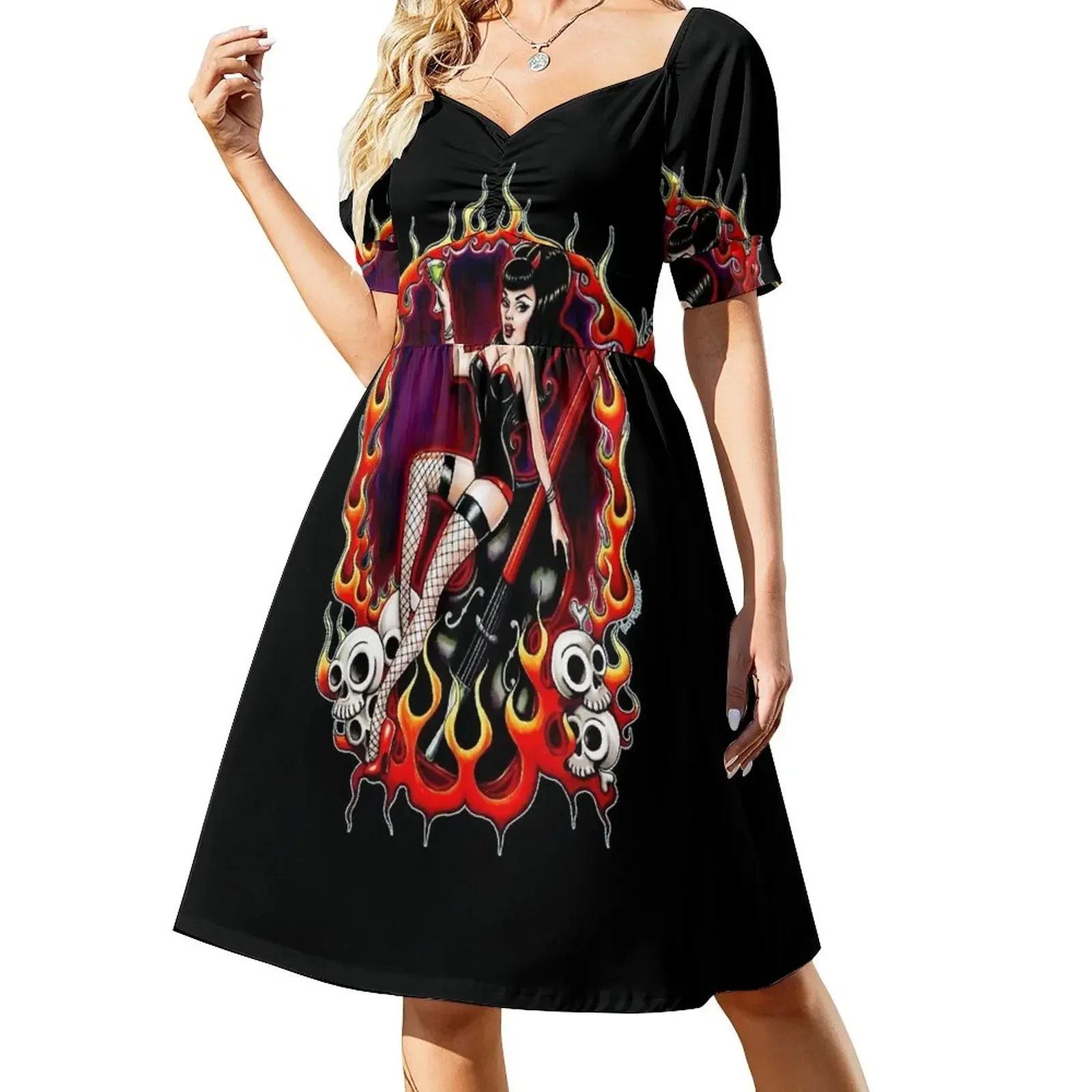thumbnail image 1 of Vestido Rockabilly Rockabella (negro) de manga corta Vestidos de verano para mujer Vestido para mujer, 1 of 8