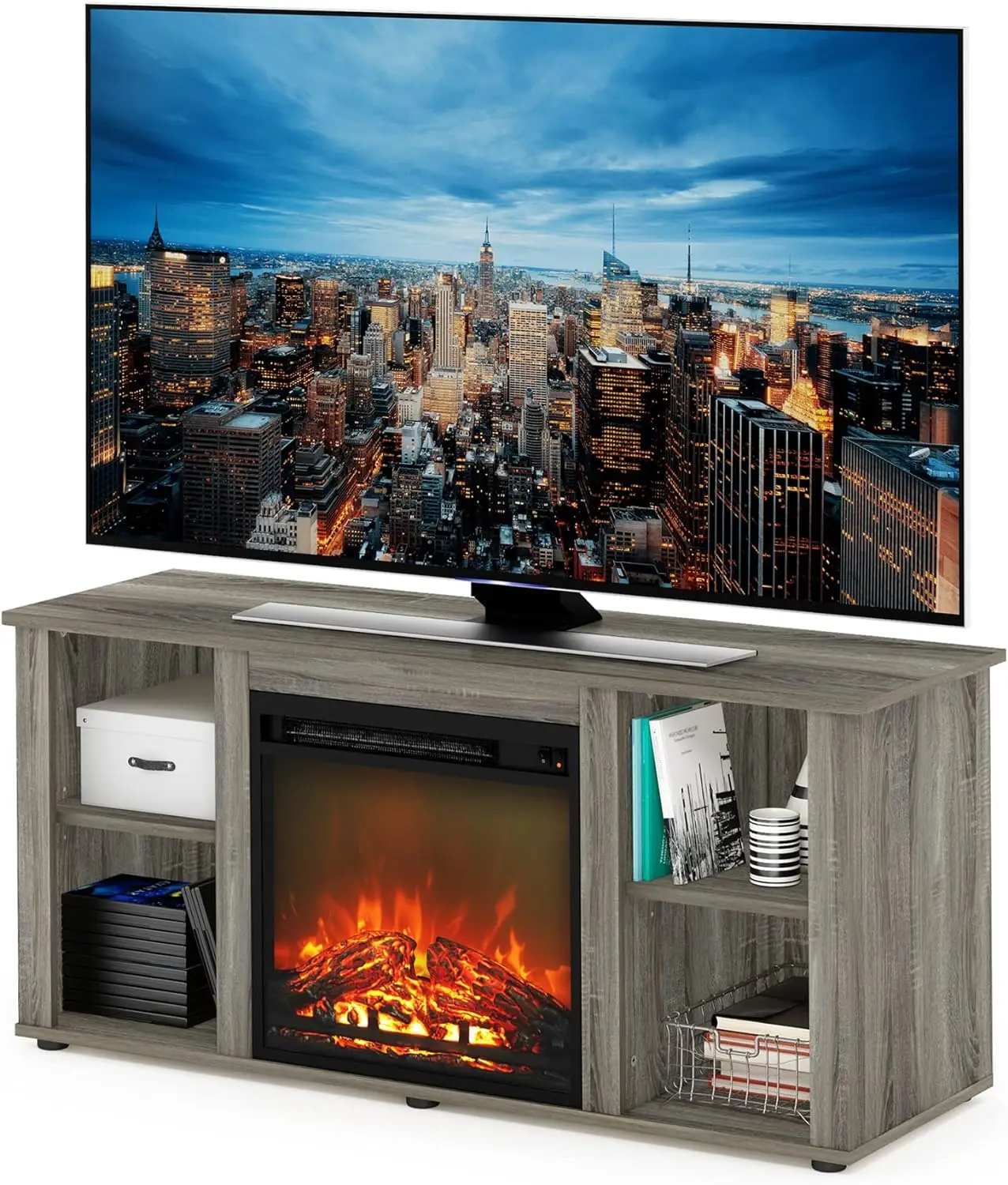 

Fireplace Entertainment Center TV Stand with Open Storage for TV up to 55 Inch, French Oak Grey