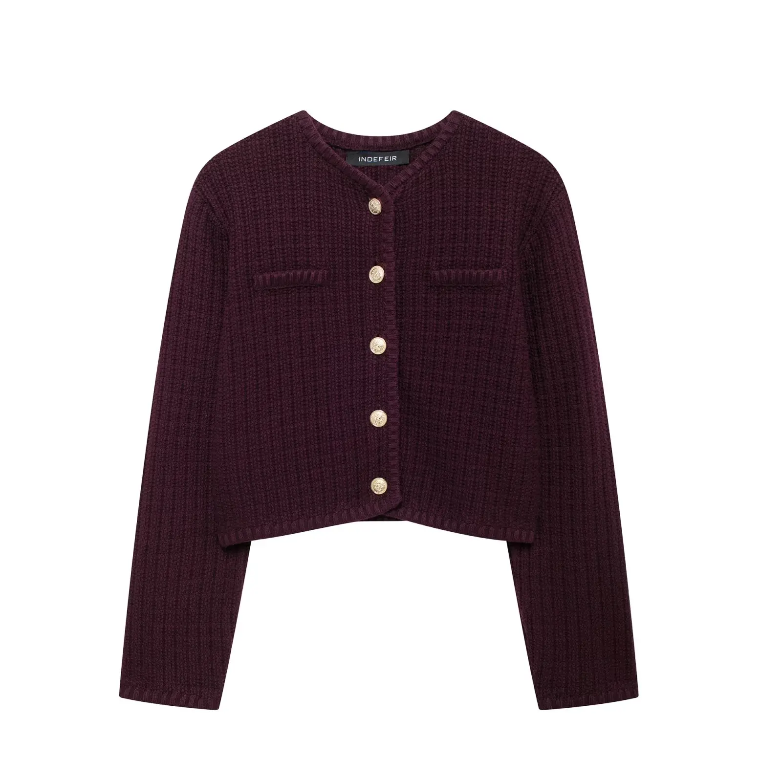 thumbnail image 1 of HH TRAF Chaqueta de punto corta con botones dorados y textura versátil para mujer Suéter elegante de cuello redondo con una sola botonadura para mujer, 1 of 4