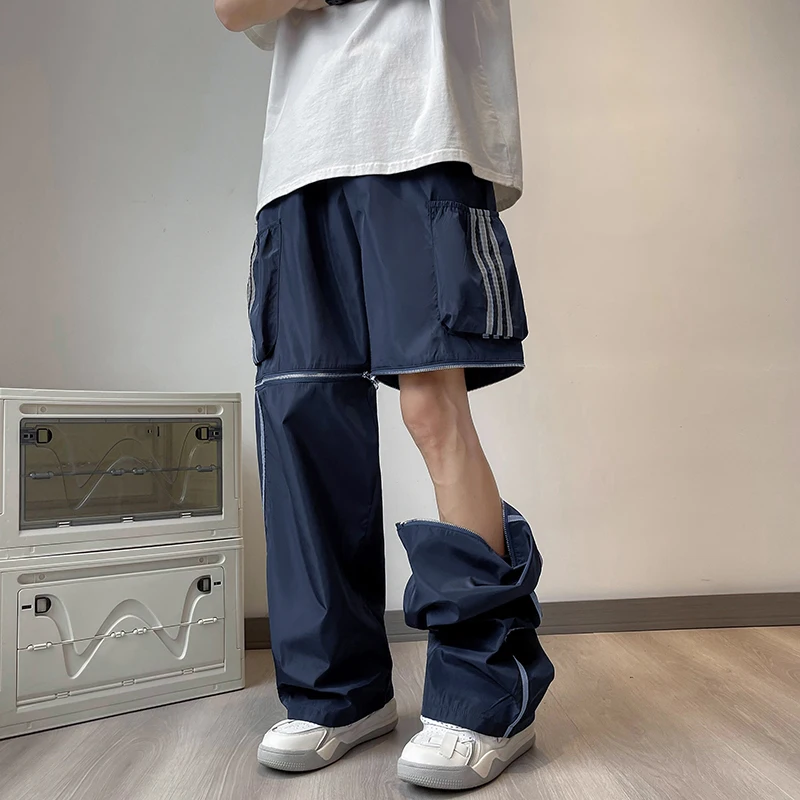 American Zipper Detachable Overalls Summer Men's High Street Functional Ruffian Handsome Loose Wide-leg Mopping Pants Trousers