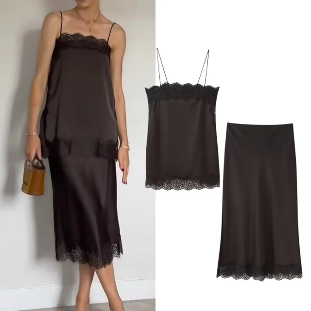 Tidalyf 2025 Women Two Piece Skirt Set Off Shoulder Lace Trim Cami Top with Split Hem Midi Skirt Sexy Elegant Outfit