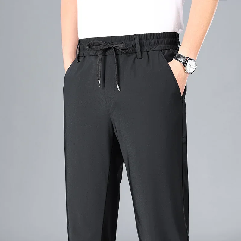 Summer Men Breathable Elastic Drawstring Jogging Pants Comfortable Thin Soft Fabric Trousers Casual Male Full Length Work Pants