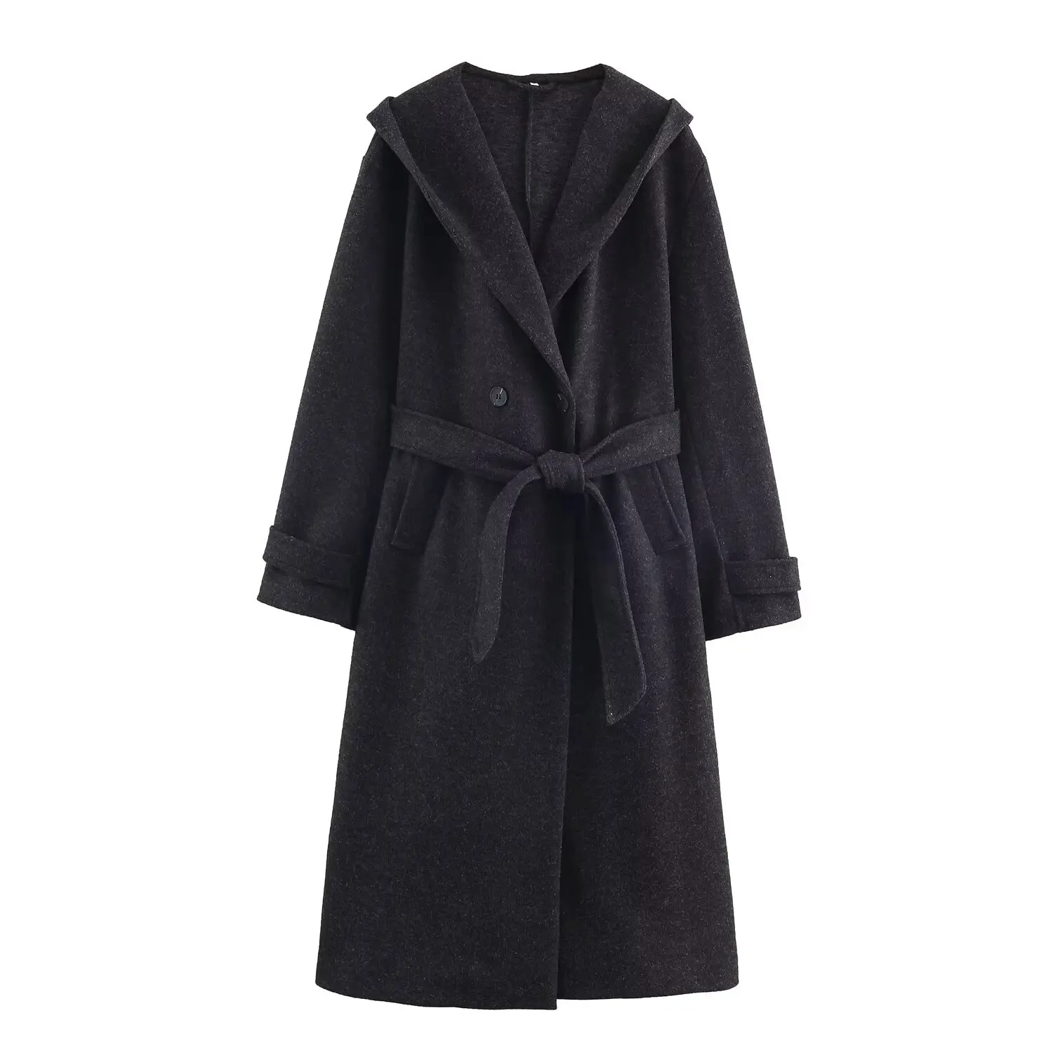 Women's Soft With Belt Woolen Overcoat Female Slim Fit With Hoodie Long Coat Elegant Commuting Bathrobe Style Coat Streetwear