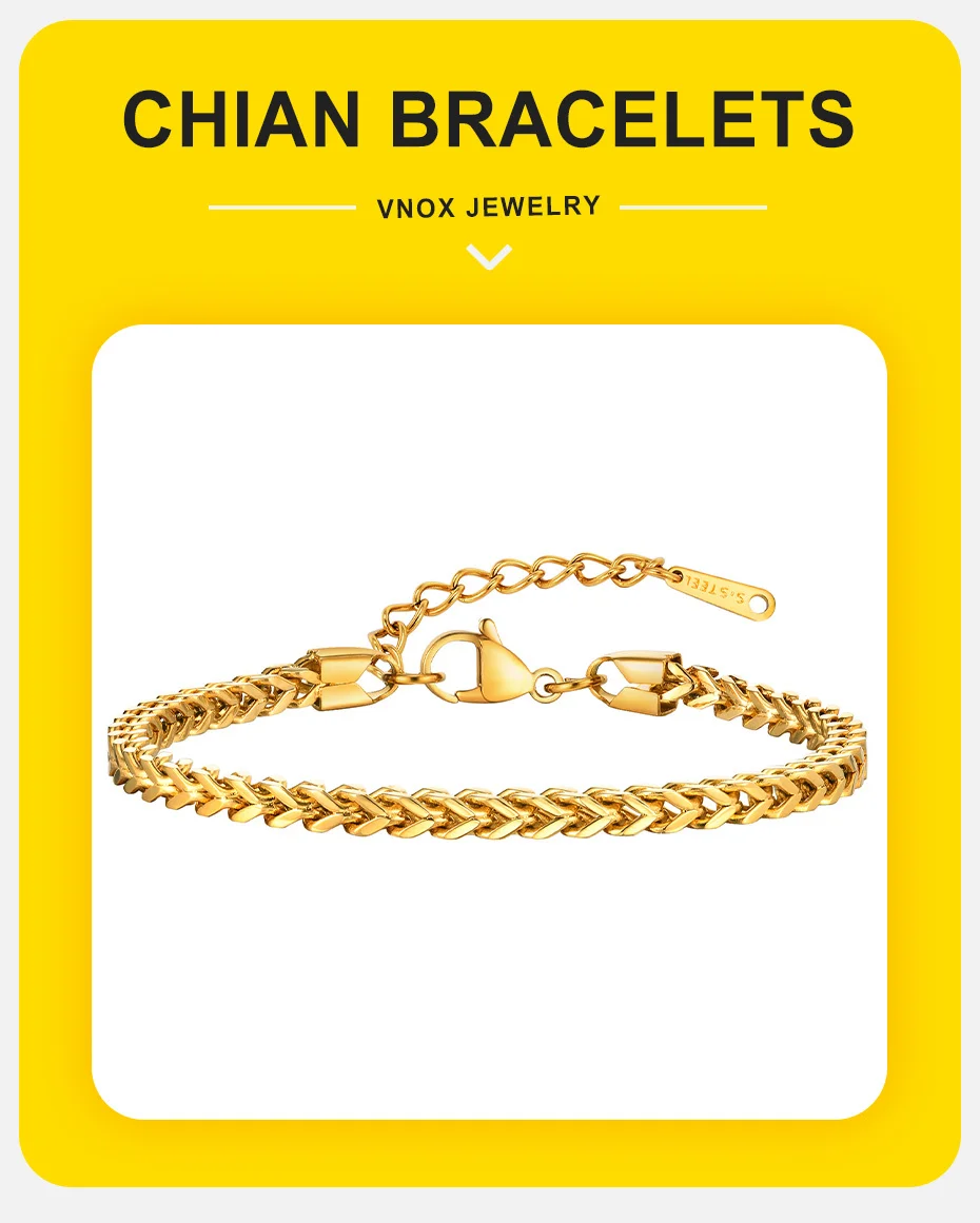 Vnox Quadratisches Armband für Frauen und Mädchen, Edelstahl-Kettenglied-Armband, klassisches Armband, Trendschmuck mit 3 cm langer Verlängerungskette – Detail 2
