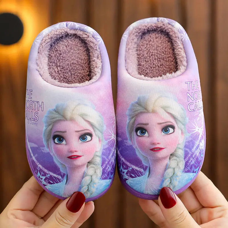 Cotton Slippers Disney Princess Sofia Elsa Winter Children Cotton Slippers Girl Parent-child Snow Non Slip Warm Baby Slippers Size 24-39 cotton slippers