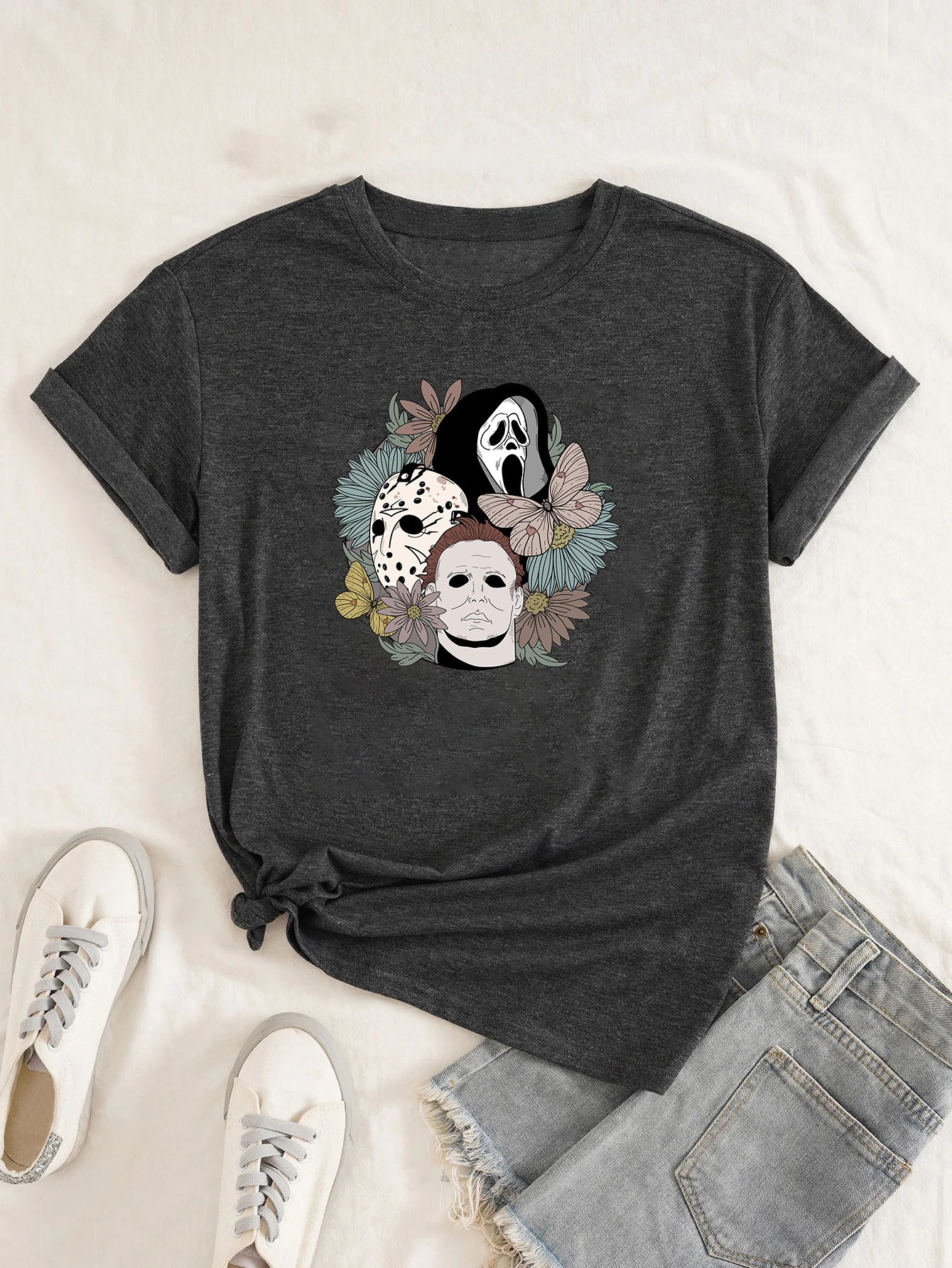 

Halloween ghost head T-shirt Cotton Gothic Vintage Aesthetic fashion unisex Casual New summer Short Sleeve Tee