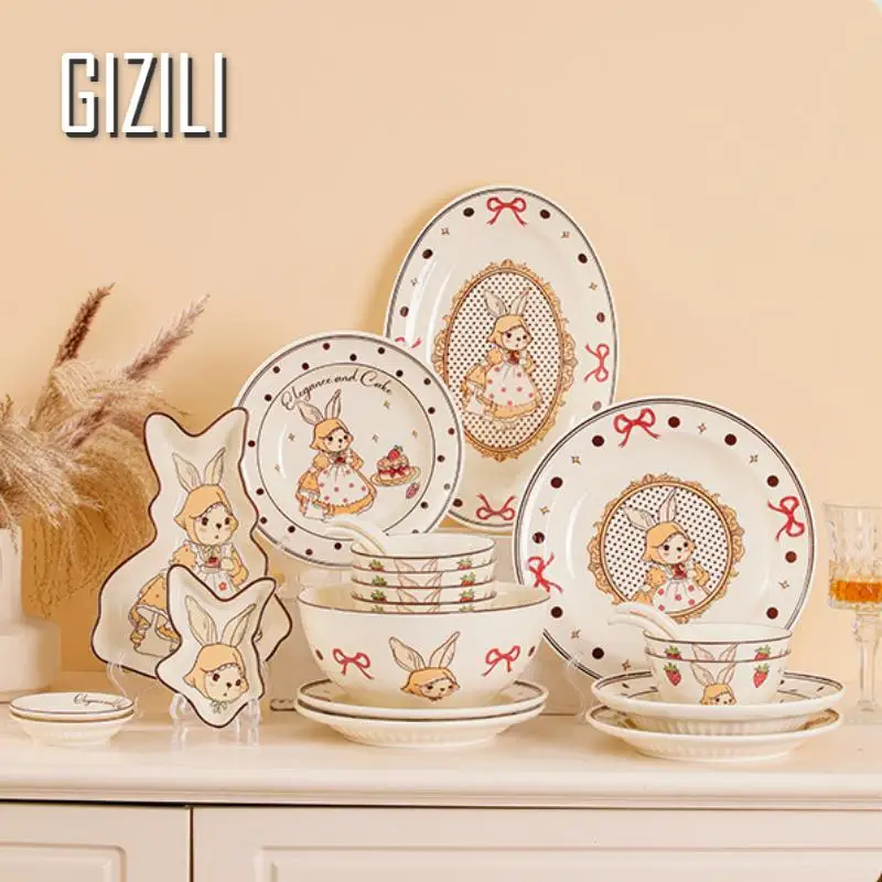 Retro Rabbit Ceramics Plate Kitchen Dishes Dinner Plate Household Combination Dinnerware Bowl Bowl Kitchen Supplies ﻿