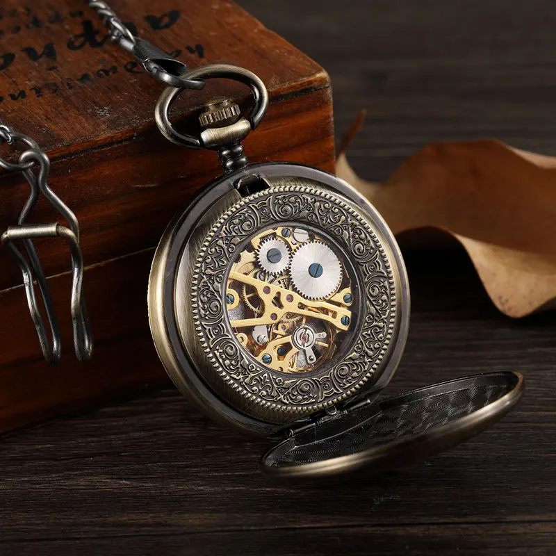 Bronze Mechanical Pocket Watch for Men Double Case Open Side Skeleton Hollow Dial Luxury Roman Clock Male Women with FOB Chain