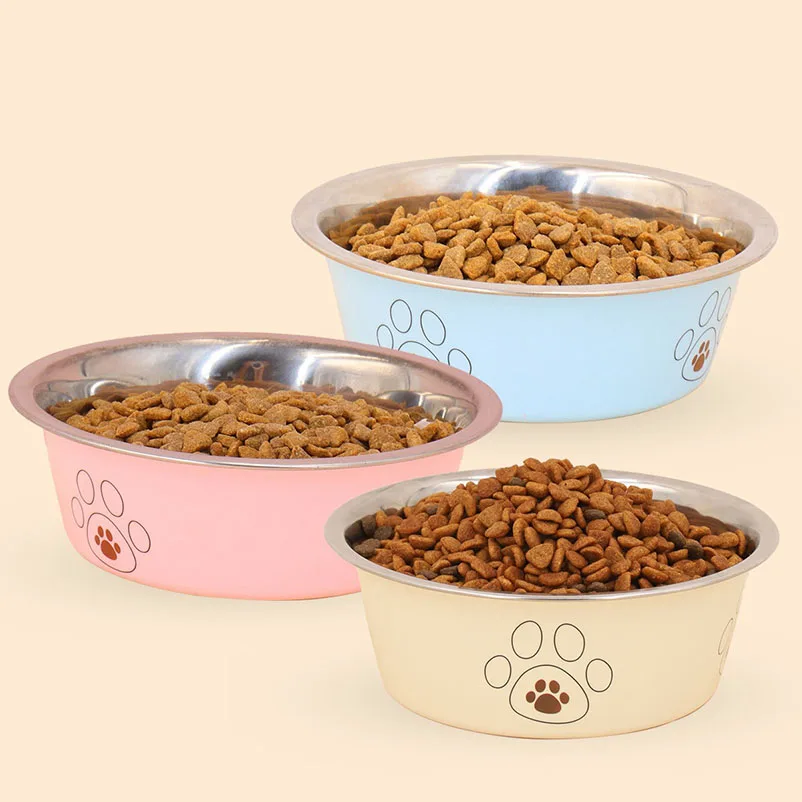 stainless steel footprint dog bowl anti tip non slip cat bowl dog bowl cute cartoon pet supplies feeding and drinking water bowl