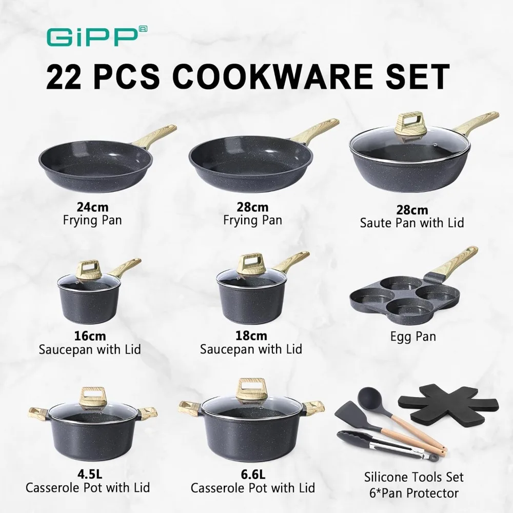 22Pcs Nonstick Cookware Set, Ceramic Pots and Pans Set, Healthy Kitchen Cooking Set with Frying Pans, Dishwasher Safe, Dark Gray 2