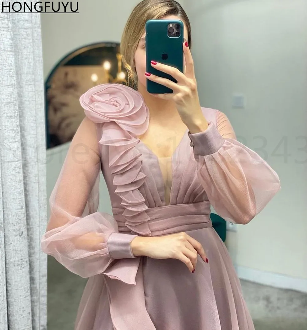 HONGFUYU Dusty Pink Sheer V Neck Prom Dresses A Line Side Slit Long Sleeves Wedding Party Gowns Ruffles Tulle Evening Dress princess prom dresses