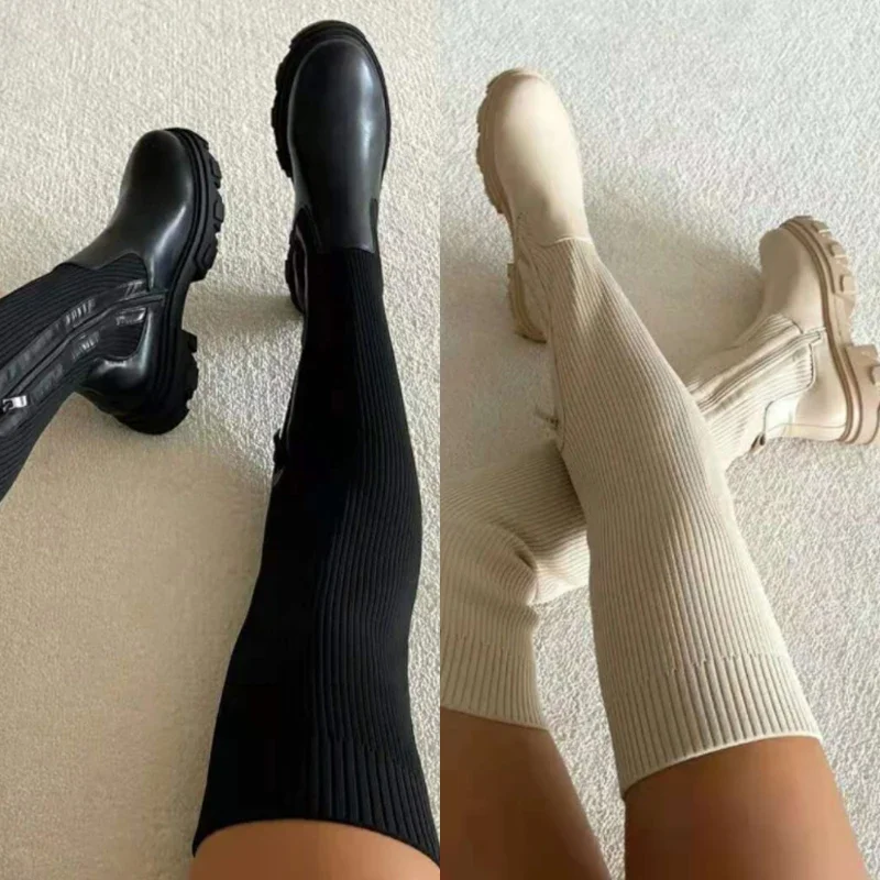 Autumn and Winter Boots Shoes Ladies Thick Winter Over-the-knee Thick-soled Stitching Socks Over-the-knee Boots Slim Fit