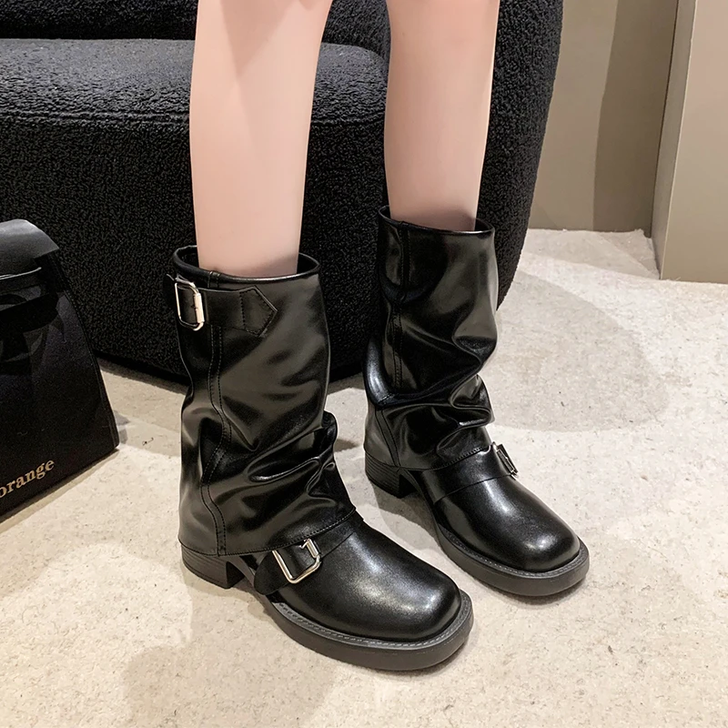 New Winter Boots for Women Medium Heel Thick Chelsea Boots Brand 2024 Pleated Ankle Boots High Heels Gladiator Motorcycle