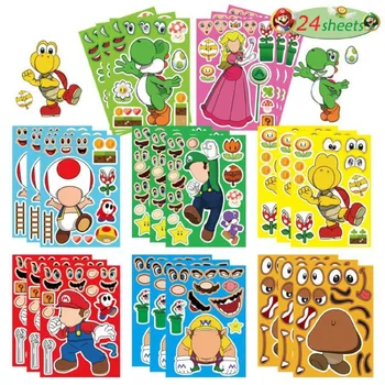 Super Marios Bros Stickers Anime Figure Luigi Toad Yoshi Peach Parent-child Interactive Puzzle Ledger DIY Face Sticker Kids Toys