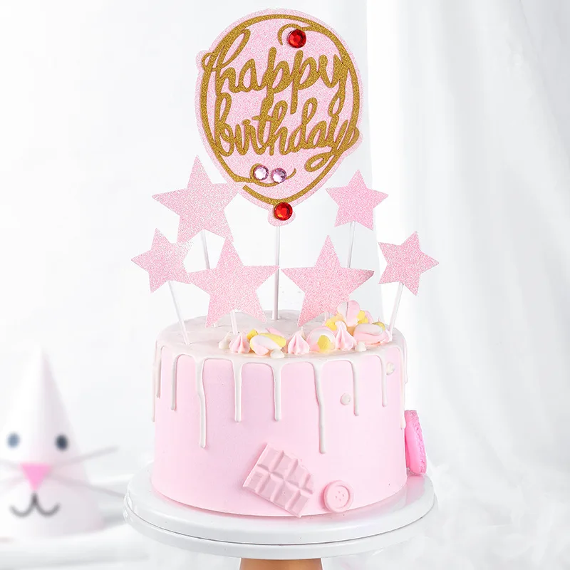 

5set Star Cake Topper Pink Golden Hot Air Balloon Cake Decorating Supplies Boy or Girl Baby Shower Happy Birthday Cake Topper