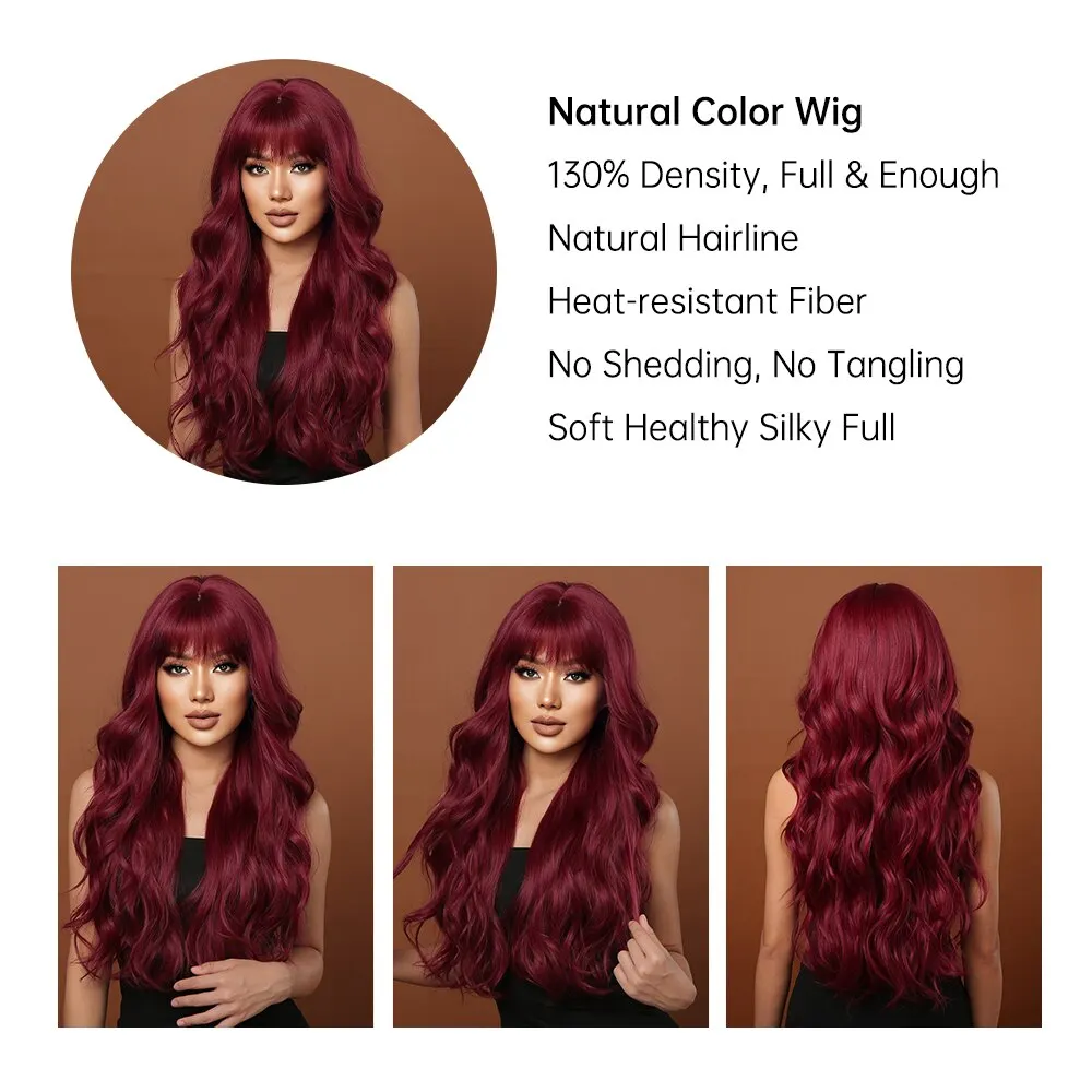 Pelucas de color rojo vino para mujeres, pelucas largas onduladas color burdeos con flequillo, peluca de uso diario para fiestas de cosplay, peluca de pelo sintético de alta temperatura_voghion.com
