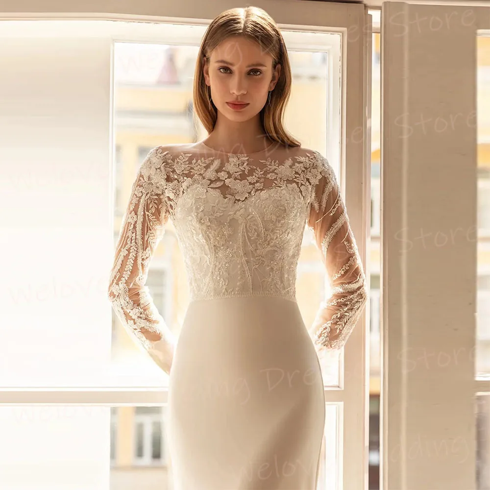 Mermaid Women's Wedding Dresses O Neck Bride Gowns Long Sleeve Satin Lace Appliques Vestidos Para Mujer