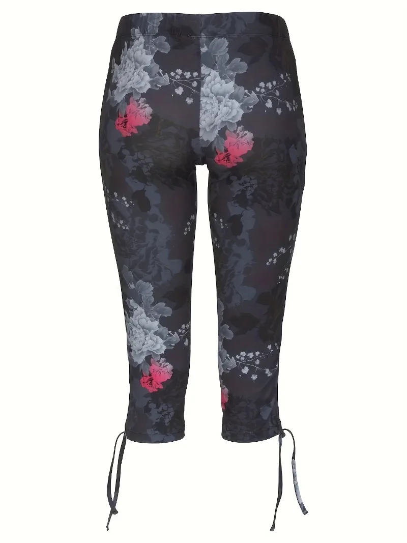 Plus Size 1XL-5XL Casual Leggings Women's Plus Floral Print Lace Up Slight Stretch Slim Fit Capri Leggings