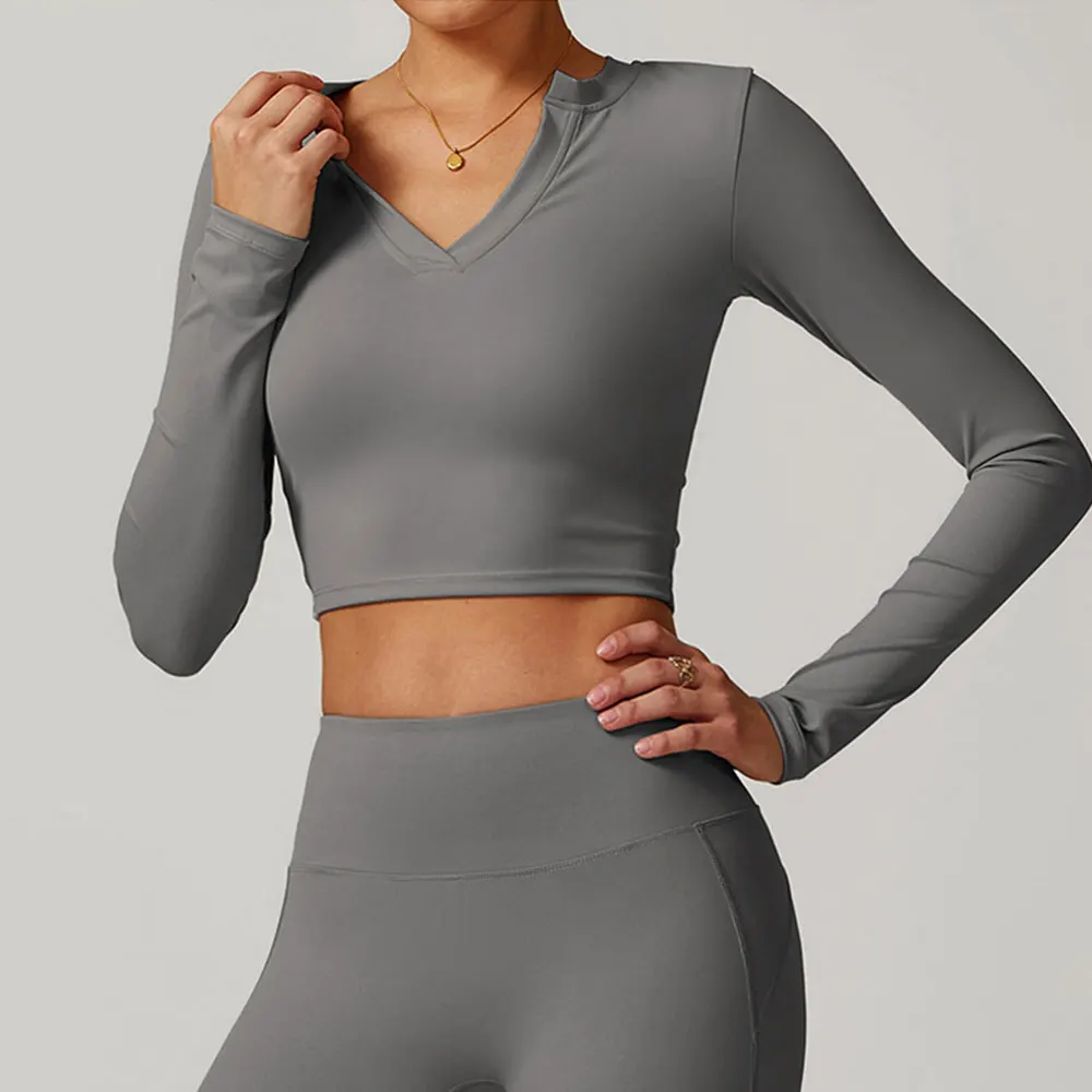 V-neck Jacket Women Clothes Crop Tops Yoga T-shirts Solid Sports Top Long Sleeve Running Shirts Quick Dry Fitness Gym Sport Wear