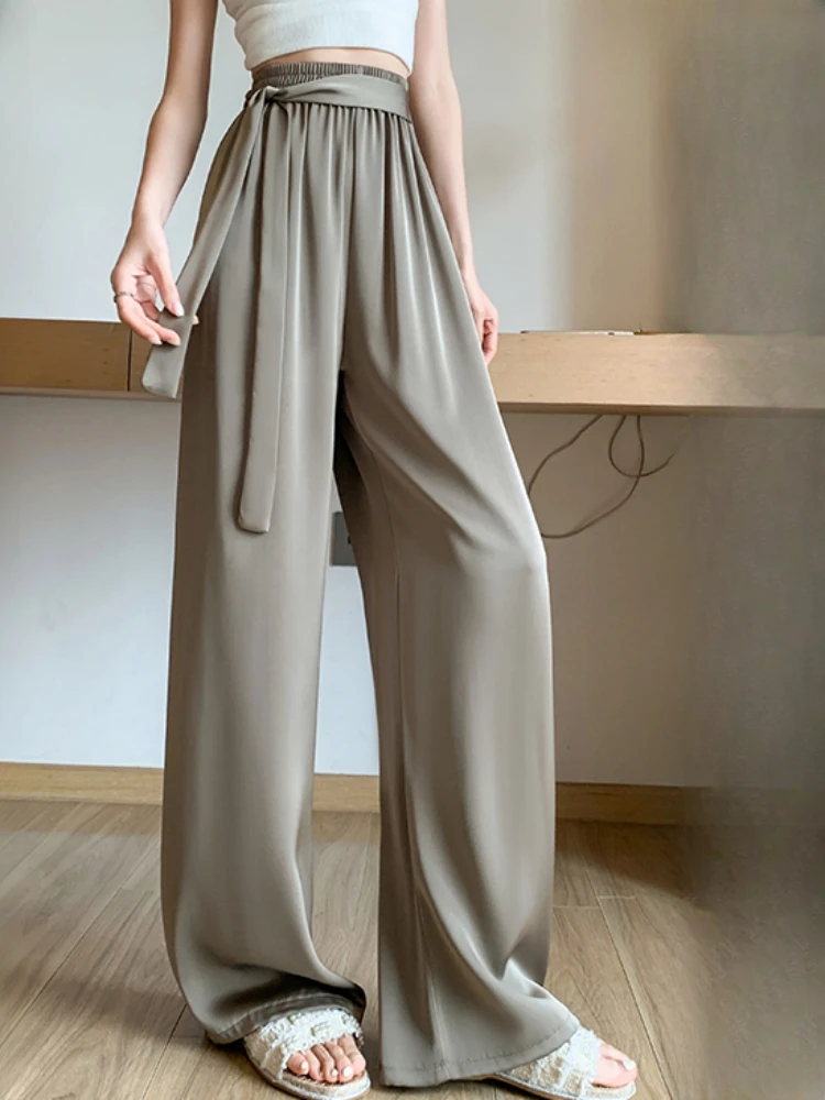 Summer Wide-leg Pants for Women High Waist Satin Silk Straight Pants Full Length Korean Elegant Baggy Casual Women's Trousers
