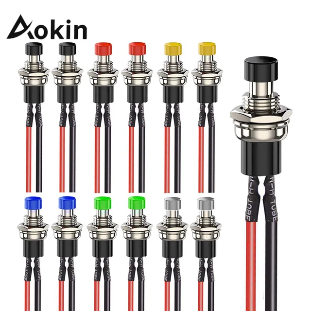 Aokin 6Pcs 1A 250V AC 2 Pins SPST 6 Colors Normal Open Mini Momentary Push Button Switch with Pre-soldered Wires