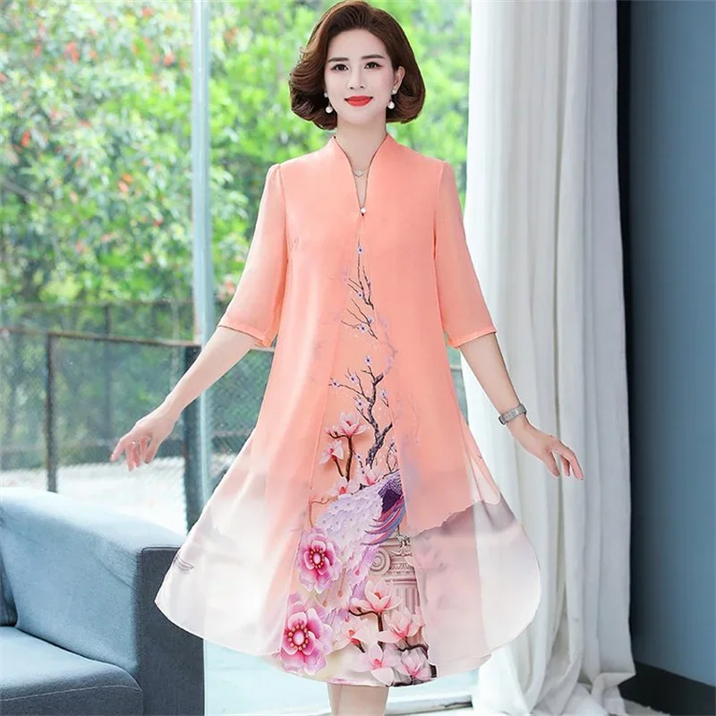 

Женское шифоновое платье с имитацией двух предметов, летнее платье в западном стиле для женщин среднего и пожилого возраста, V238