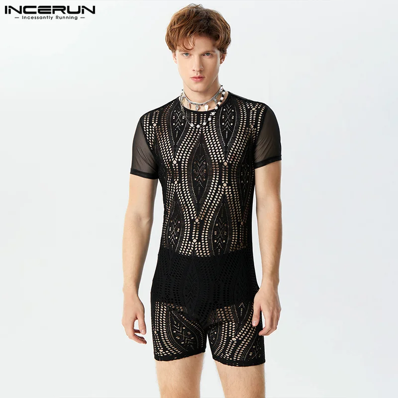 INCERUN American Style Men's O-neck Rompers Fashion See-through Lace Patchwork Jumpsuits Sexy Short Sleeved Bodysuits S-3XL