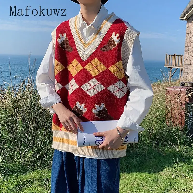 Japanese Style V-neck Knitted Vests Couple Plaid Printed Loose Casual High Street Sleeveless Sweaters Men Tops Male Clothes