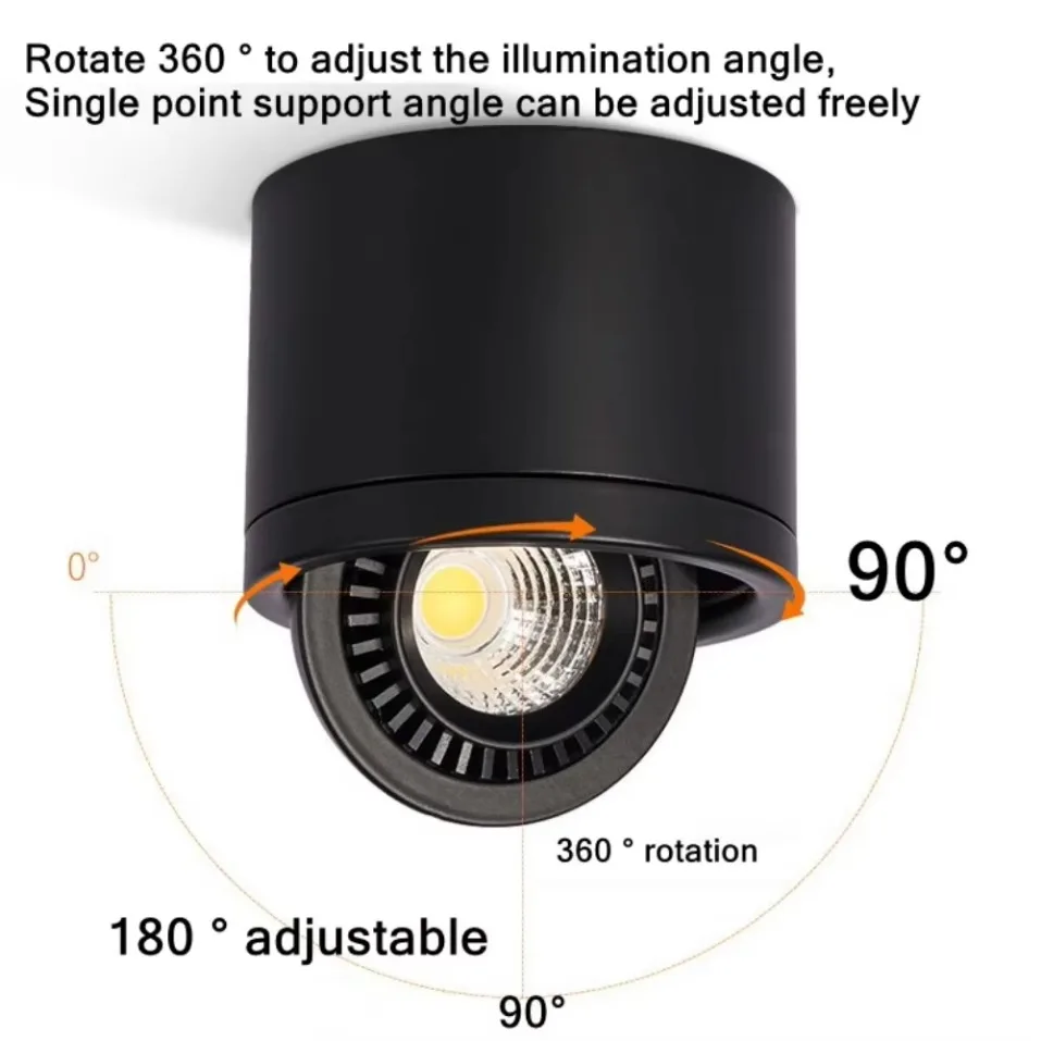 LED 통 COB 디밍 가능 7W 12W 15W 20W 30W 표면 장착형 LED 천장 조명 스포트라이트 360도 회전 실내 조명