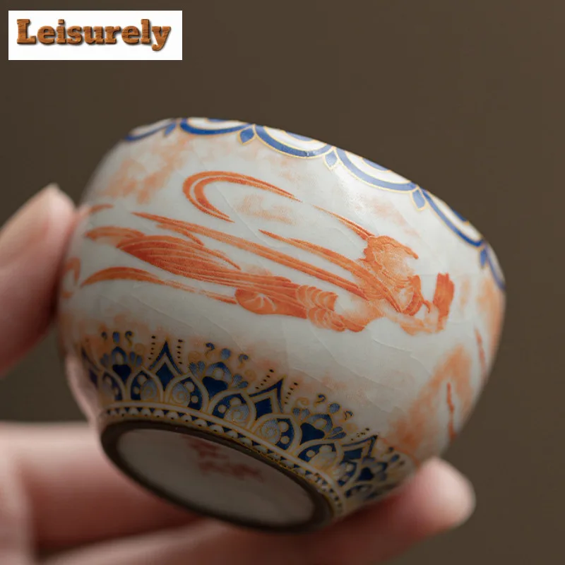 2pc/lot Dunhuang Apsaras Ceramic Teacup Imitation Song Ru Kiln Master Cup Small Round Tea Bowl Meditation Cup Kungfu Teaset 50ml