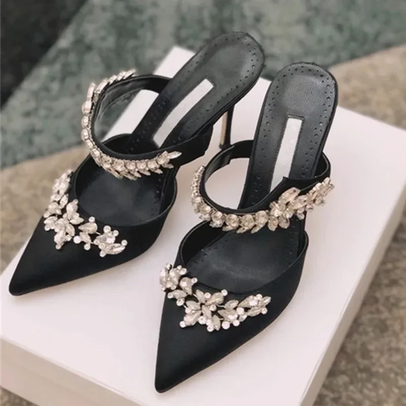 2024 Spring and Autumn European and American Women's Shallow Moule High Heels Slim Heel Satin Rhinestone Pointed Sandals