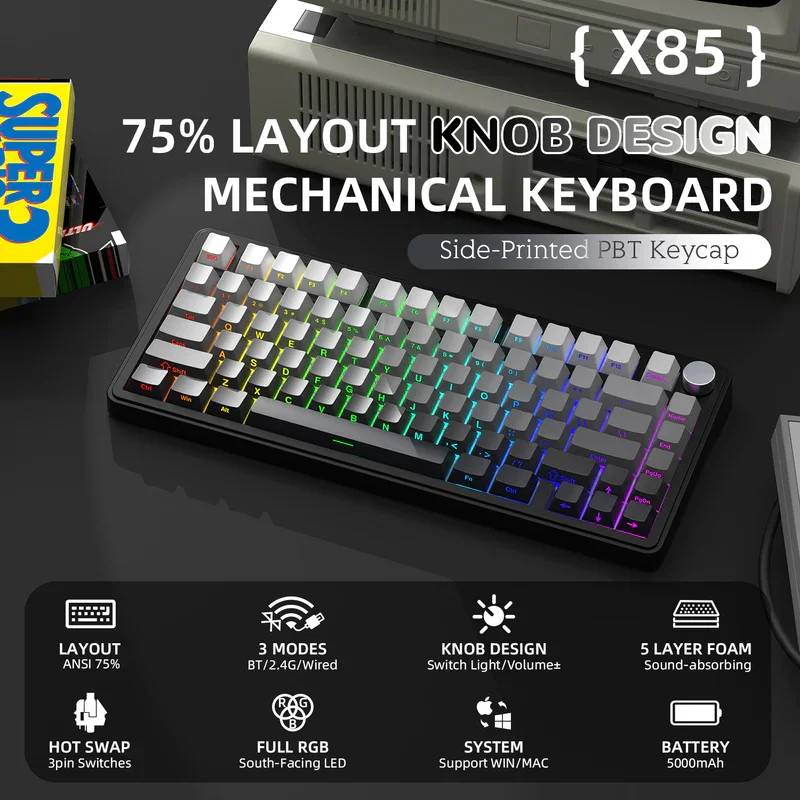 어택 샤크 X85 RGB 기계식 키보드 | 2.4G 트라이 모드 풀키 핫스왑 메탈 노브 블루투스 키보드 윈도우 & 맥 호환