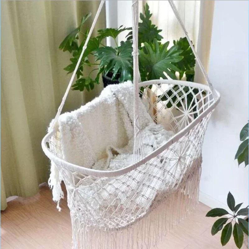 Baby Crib Cradle, Hanging Bassinet and Portable Swing for Infant Nursery Rope Fringe Measures 35" L X 23.25" W X 14" H