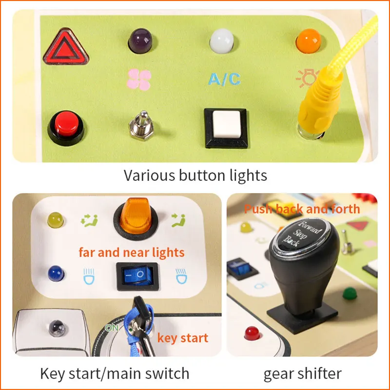 Montessori Busy Board with LED Light Switch & Car Steering Wheel – Sensory Travel Activity Toy for Kids 5