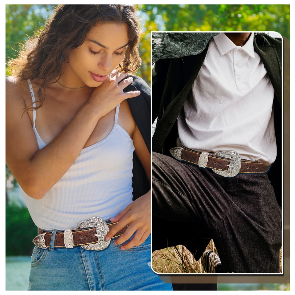 LEACOOLKEY Western riem voor mannen vrouwen cowgirl cowboy geprent graveerde Tooled lederen riem met gesp voor jeansbroeken rodeo, (110CM)Passend für Taillenumfang 99cm-109cm