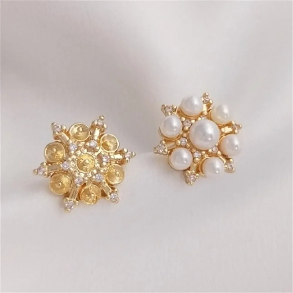 

925 Silver Needle Micro Inlaid Zircon Half Hole Pearl Tray Snowflake Stud Earrings Handmade DIY Sticky Ear Jewelry Accessories