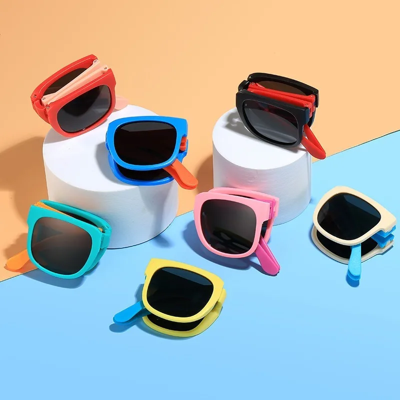 Folding Kids Sunglasses for Boys Girls Vintage Sports Square Children UV400 Outdoor Shades with Case