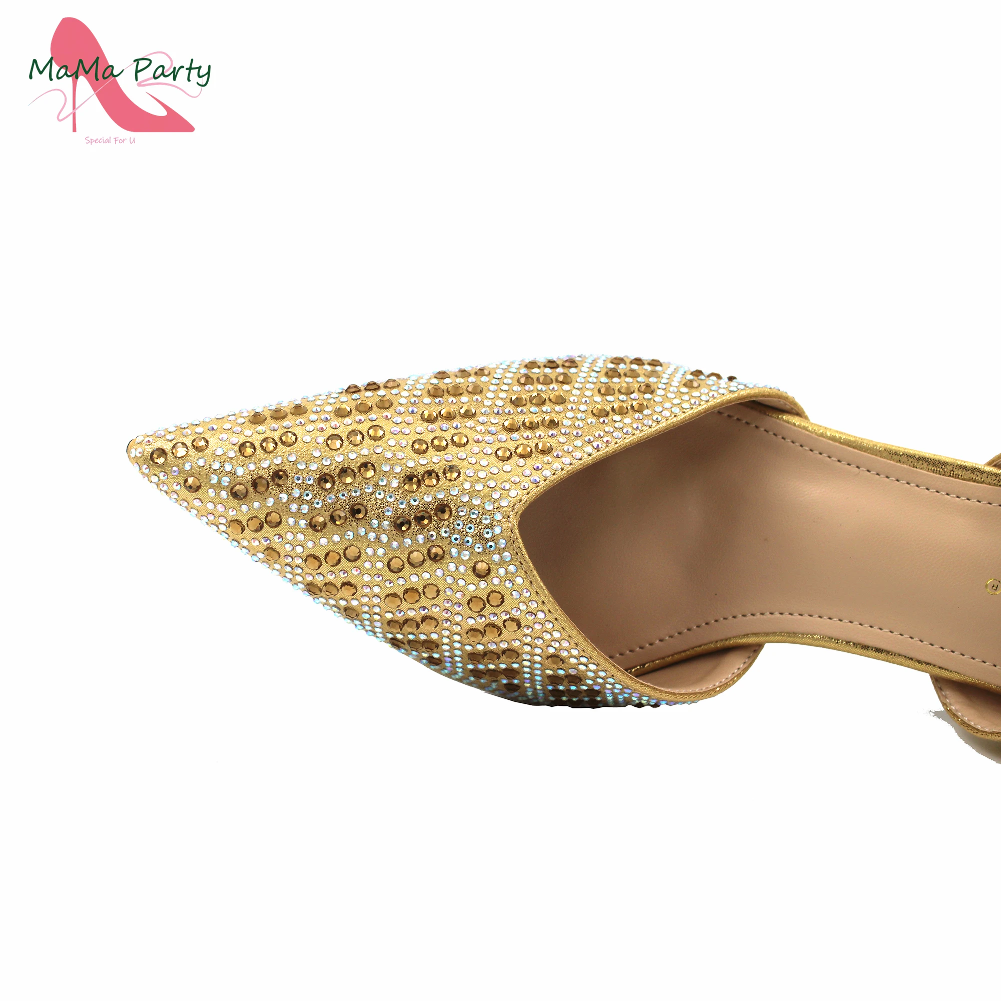 High Quality Elegant Italian Women Design Shoes Matching Bag Set in Golden Color Full Crystal Pointed Toe Pumps for Party